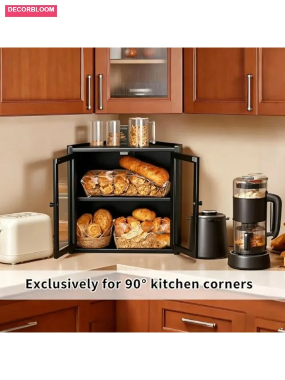 Double Layer Bamboo Bread Box with Double Doors for Kitchen Countertop
